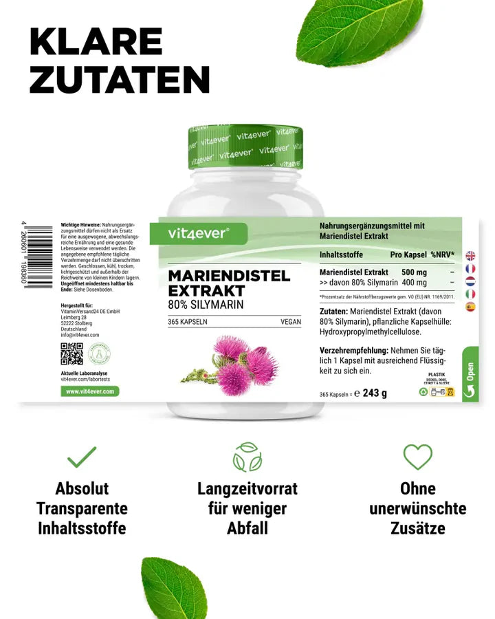 Marietidsel (Mariendistel) Ekstrakt 500 mg & 400 mg Silymarin - 180 eller 365 kapsler