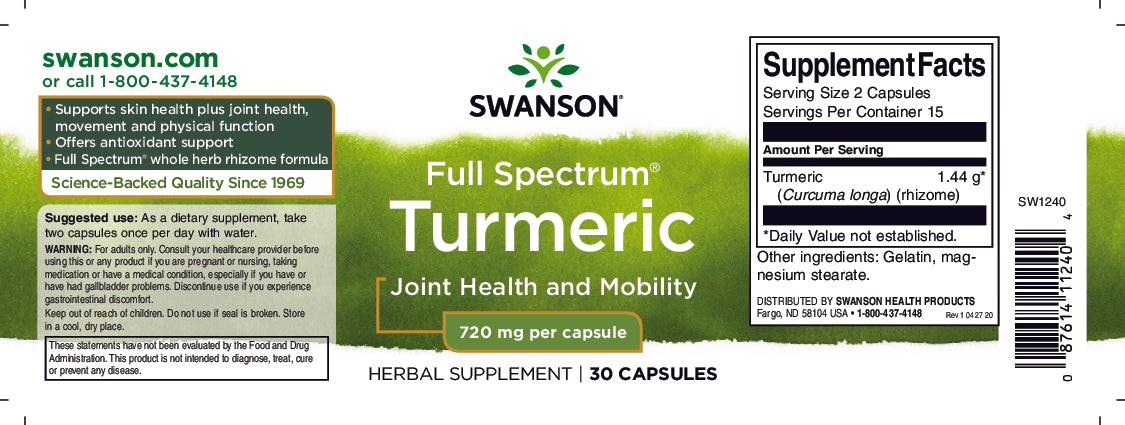 Swanson Turmeric - Gurkemeje 720 mg ( 30 vegan kapsler )