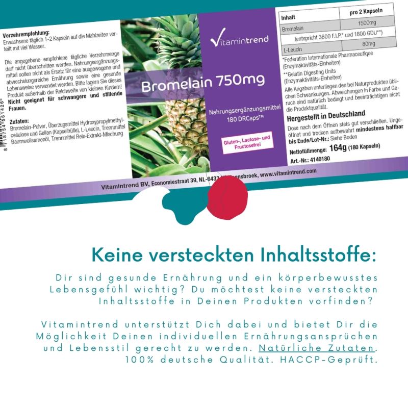 Bromelain 750mg - vegansk - 180 kapsler