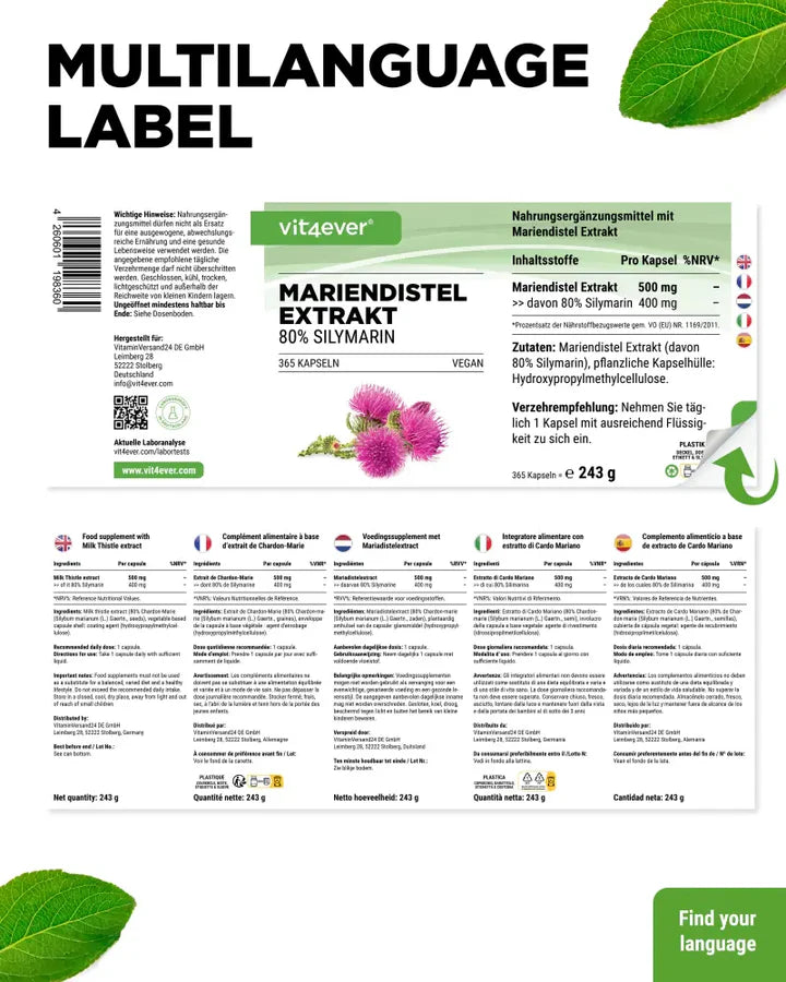 Marietidsel (Mariendistel) Ekstrakt 500 mg & 400 mg Silymarin - 180 eller 365 kapsler