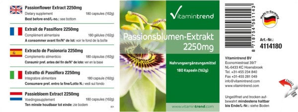 Passionsblomstekstrakt 2250 mg dagligt forbrug - 180 kapsler; vegansk | Vitamin trend