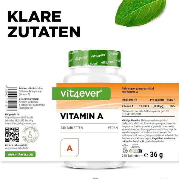 A Vitamin, retinaylacetat, 10.000 I.E. (3000 MG) - 240 eller 365 tabletter