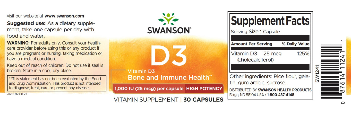 D3 - High-Performance Vitamin  - Swanson - 1,000 IU 30 Caps